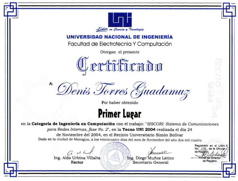 PRIMER LUGAR CATEGORIA DE INGENIERIA EN COMPUTACION TECNO UNI 2004